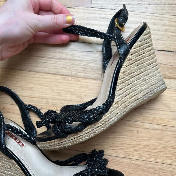 Prada Women's 35 US 5 Leather Braided Espadrilles Black Strappy Sandals Luxury - Picture 7 of 16